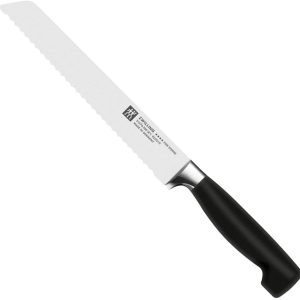 ZWILLING Vier Sterne Brotmesser, Klingenlänge: 20 cm, Klingenblatt mit Wellenschliff, Rostfreier Spezialstahl, Ergonomischer Kunststoff-Griff, Schwarz [Made in Germany], Bunt 12
