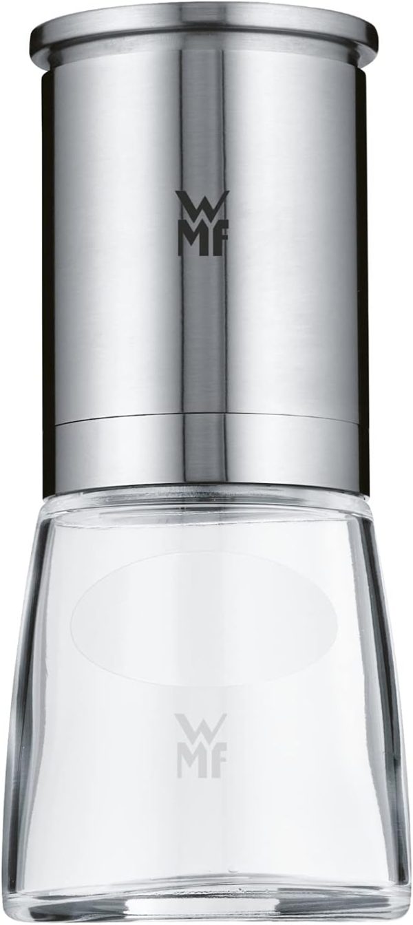 WMF De Luxe Salz und Pfeffermühle 14 cm, unbefüllt, Salzmühle, Pfeffermühle Keramikmahlwerk, Cromargan Edelstahl, Glasbehälter, Mühle für Salz, Pfeffer, Chillischoten 1