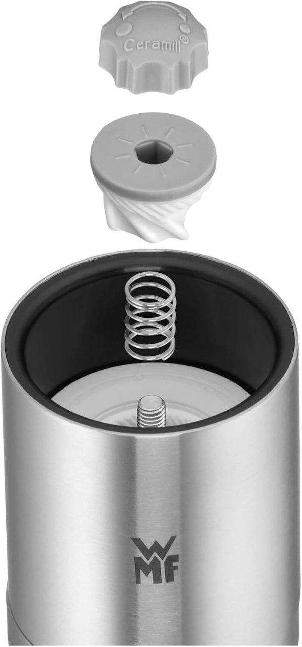 WMF De Luxe Salz und Pfeffermühle 14 cm, unbefüllt, Salzmühle, Pfeffermühle Keramikmahlwerk, Cromargan Edelstahl, Glasbehälter, Mühle für Salz, Pfeffer, Chillischoten 4