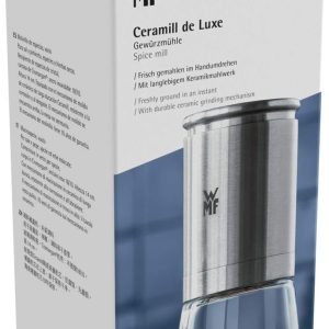 WMF De Luxe Salz und Pfeffermühle 14 cm, unbefüllt, Salzmühle, Pfeffermühle Keramikmahlwerk, Cromargan Edelstahl, Glasbehälter, Mühle für Salz, Pfeffer, Chillischoten 40