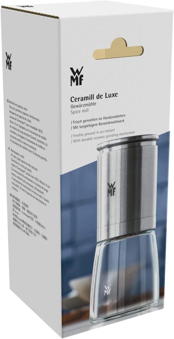 WMF De Luxe Salz und Pfeffermühle 14 cm, unbefüllt, Salzmühle, Pfeffermühle Keramikmahlwerk, Cromargan Edelstahl, Glasbehälter, Mühle für Salz, Pfeffer, Chillischoten 14