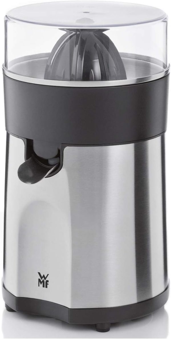 WMF Stelio Saftpresse elektrisch, Zitruspresse, Orangenpresse, 85 Watt, 2 Presskegel, Tropfstopp, Siebeinsatz, matt edelstahl [Energieklasse B] 1