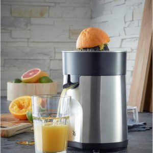 WMF Stelio Saftpresse elektrisch, Zitruspresse, Orangenpresse, 85 Watt, 2 Presskegel, Tropfstopp, Siebeinsatz, matt edelstahl [Energieklasse B] 31