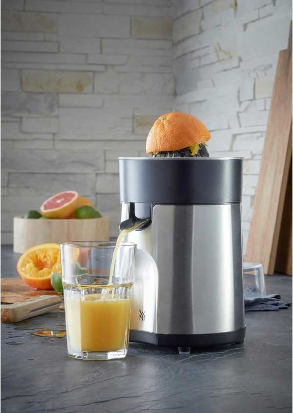 WMF Stelio Saftpresse elektrisch, Zitruspresse, Orangenpresse, 85 Watt, 2 Presskegel, Tropfstopp, Siebeinsatz, matt edelstahl [Energieklasse B] 11
