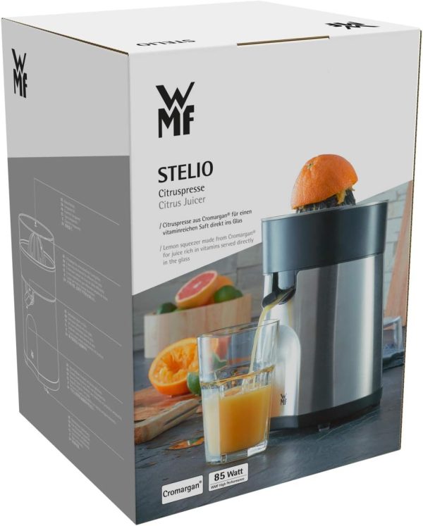 WMF Stelio Saftpresse elektrisch, Zitruspresse, Orangenpresse, 85 Watt, 2 Presskegel, Tropfstopp, Siebeinsatz, matt edelstahl [Energieklasse B] 12