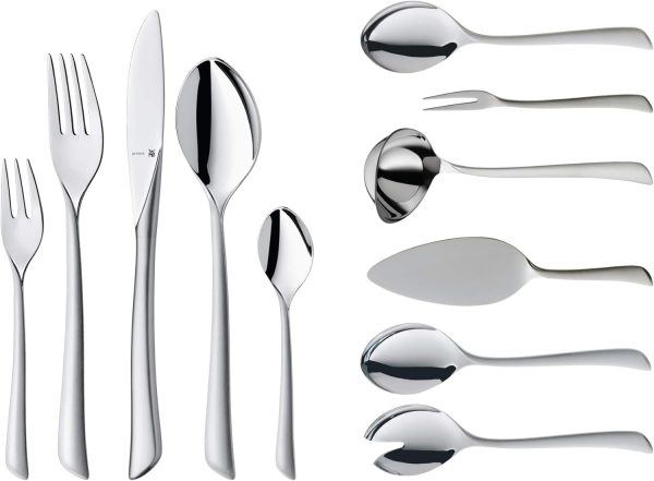 WMF Virginia Besteck Set 12 Personen, 66 teilig, 60 Teile mit Servierbesteck, Hohlheftmesser, Cromargan protect teilmattiert, kratzbeständig 1