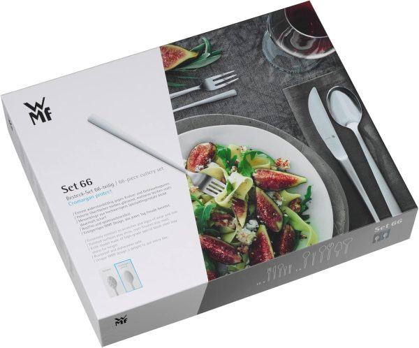 WMF Virginia Besteck Set 12 Personen, 66 teilig, 60 Teile mit Servierbesteck, Hohlheftmesser, Cromargan protect teilmattiert, kratzbeständig 20