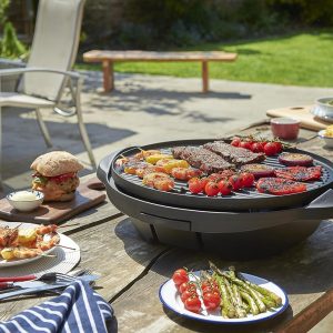George Foreman Grill 2in1 Elektrogrill [Testsieger]: Standgrill & Tischgrill (Innen- & Außennutzung, Balkon & Küche, Ø44,5cm, Temperaturanzeige, Fettauffangschale, 2400W) Kugelgrill 22460-56, Schwarz 22