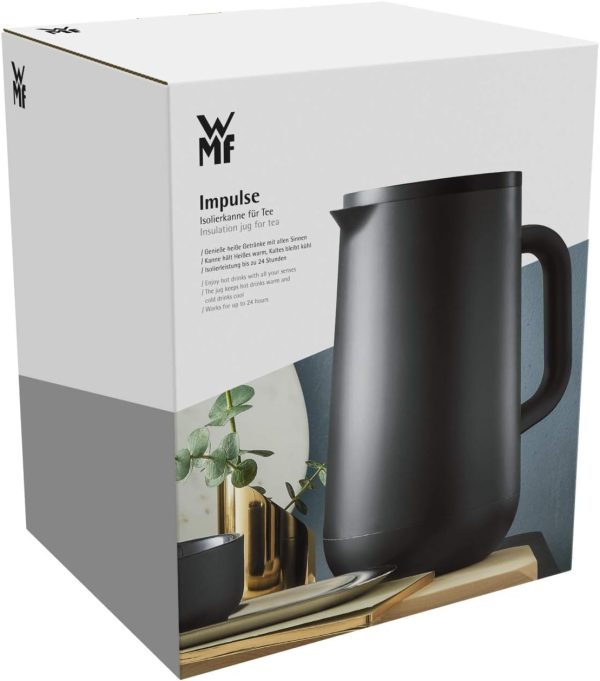 WMF Impulse Thermoskanne 1l, Isolierkanne für Tee oder Kaffee, Druckverschluss, hält Getränke 24h kalt & warm, schwarz 9
