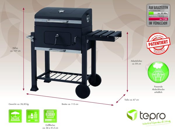 tepro Holzkohlegrill (Grillwagen) Toronto Click, Grillfläche: ca. 56 x 41,5 cm, mit Deckel, Edelstahl-Griff, Grillrost und Thermometer, Auf- und Abbau ohne Schrauben, Maße ca. 115 x 67 x 107 cm 7