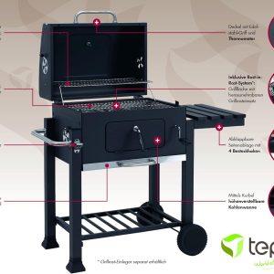 tepro Holzkohlegrill (Grillwagen) Toronto Click, Grillfläche: ca. 56 x 41,5 cm, mit Deckel, Edelstahl-Griff, Grillrost und Thermometer, Auf- und Abbau ohne Schrauben, Maße ca. 115 x 67 x 107 cm 23