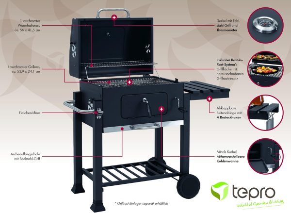 tepro Holzkohlegrill (Grillwagen) Toronto Click, Grillfläche: ca. 56 x 41,5 cm, mit Deckel, Edelstahl-Griff, Grillrost und Thermometer, Auf- und Abbau ohne Schrauben, Maße ca. 115 x 67 x 107 cm 8