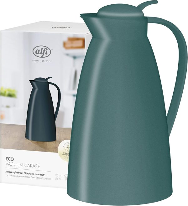 alfi ECO 1,0l, sea pine, Isolierkanne mit hygienischem Hartglaseinsatz aus Kunststoff, Drehverschluss mit bequemer Drucktaste, Ausgießen mit einer Hand, ideal als Kaffeekanne, Teekanne, BPA-frei 1