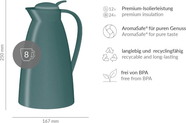 alfi ECO 1,0l, sea pine, Isolierkanne mit hygienischem Hartglaseinsatz aus Kunststoff, Drehverschluss mit bequemer Drucktaste, Ausgießen mit einer Hand, ideal als Kaffeekanne, Teekanne, BPA-frei 6