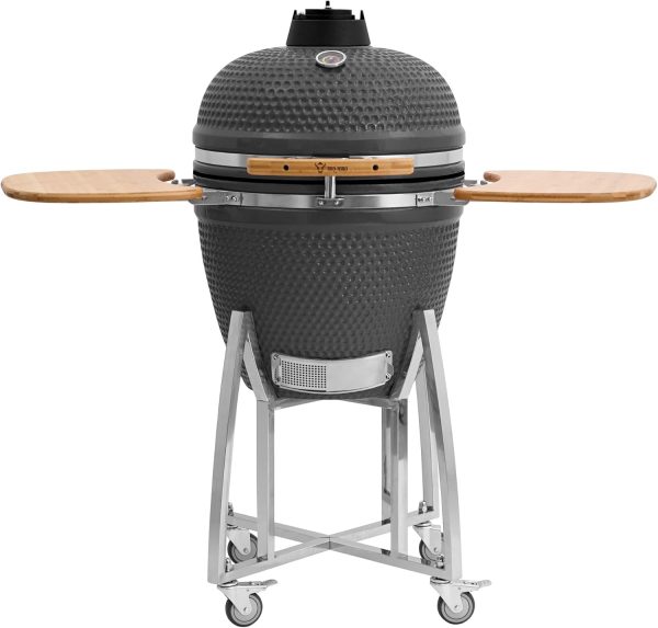 BBQ-Toro Kamado Grill Ø 52 cm "KURO", Grau | Holzkohlegrill mit Bambusablage, Thermometer, Holzgriff, Rollen | Keramikgrill Kamado, Keramik Grill mit Aktivbelüftung, Grill mit Ablage 1