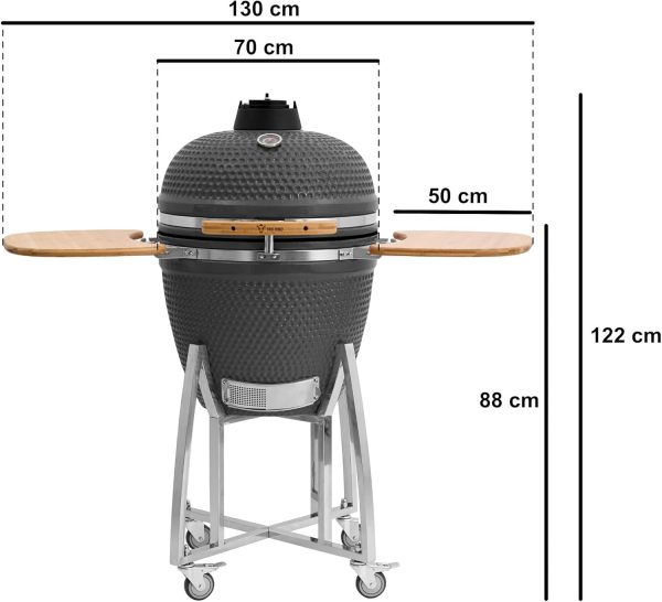 BBQ-Toro Kamado Grill Ø 52 cm "KURO", Grau | Holzkohlegrill mit Bambusablage, Thermometer, Holzgriff, Rollen | Keramikgrill Kamado, Keramik Grill mit Aktivbelüftung, Grill mit Ablage 3