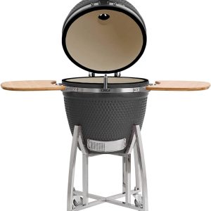 BBQ-Toro Kamado Grill Ø 52 cm "KURO", Grau | Holzkohlegrill mit Bambusablage, Thermometer, Holzgriff, Rollen | Keramikgrill Kamado, Keramik Grill mit Aktivbelüftung, Grill mit Ablage 16