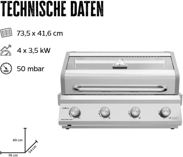 Grillfürst Gasgrill G401E - 4-Brenner Edelstahl, Einbau Gasgrill mit Sichtscheibe, Outdoorküchen Grill mit doppelwandigem Deckel und Edelstahl-Rosten, Built In Modell 2