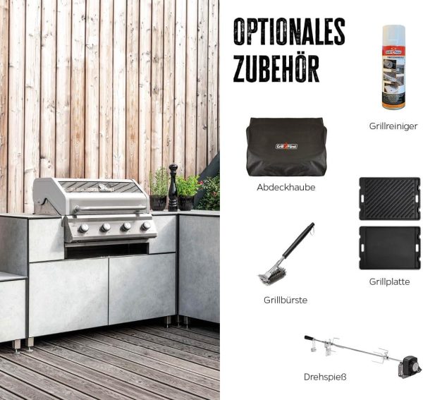 Grillfürst Gasgrill G401E - 4-Brenner Edelstahl, Einbau Gasgrill mit Sichtscheibe, Outdoorküchen Grill mit doppelwandigem Deckel und Edelstahl-Rosten, Built In Modell 8