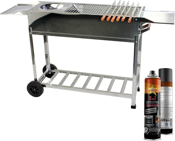 Edelstahl BBQ Outdoor Holzkohlegrill – Standgrill mit 2 Rollen, 3 Grillrosten, 1 Kasan-Halter, und 22 Schaschlik-Spießen – Ideal für Garten, Terrasse & Camping (mit 22 Spießen) 1