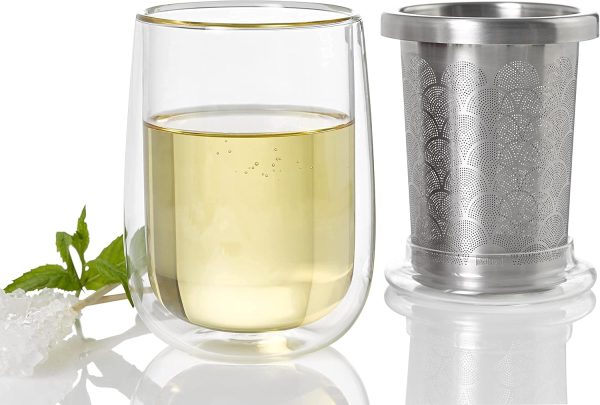 AdHoc Fusion Glass | Set 2x Teeglas und 2x Teefilter für losen Tee | 400ml Füllmenge, Borosilikatglas/Edelstahl 2