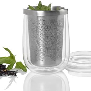 AdHoc Fusion Glass | Set 2x Teeglas und 2x Teefilter für losen Tee | 400ml Füllmenge, Borosilikatglas/Edelstahl 10