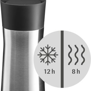 WMF Impulse Isolierbecher 350 ml, Thermobecher mit Automatikverschluss, 360°-Trinköffnung, Kaffeebecher to go hält Getränke 8h heiß/12h kalt, silber 12
