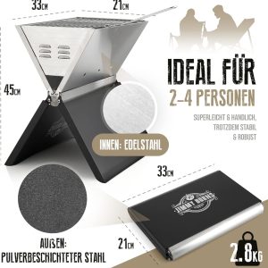 JIMMY BURNS Campinggrill Holzkohle Edelstahl | [Notebook Design] | für 2-4 Personen | Barbecue Klappgrill für Camping, Outdoor, Reise, Festival, Picknick | inkl. Grill Zubehör 18