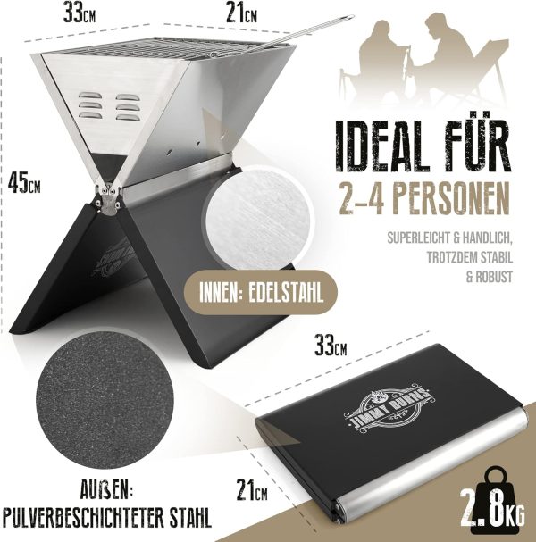 JIMMY BURNS Campinggrill Holzkohle Edelstahl | [Notebook Design] | für 2-4 Personen | Barbecue Klappgrill für Camping, Outdoor, Reise, Festival, Picknick | inkl. Grill Zubehör 6
