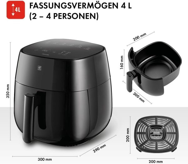 ZWILLING Air Fryer / Heißluftfritteuse, 4 L, 6 Programme, 1.400 Watt, Frittieren, Garen und Backen ohne Fett, inkl. Rezeptbuch, Schwarz 4
