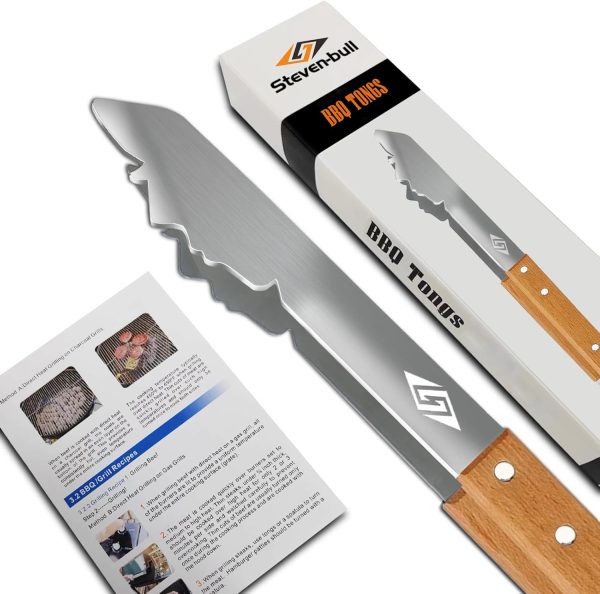 Grill Zubehör für Gasgrill Holzkohlegrill, Grillzange Edelstahl mit Holz Griff, Grillbesteck 43cm Lang, Geschenke für Männer，Papa，Ehemann 1