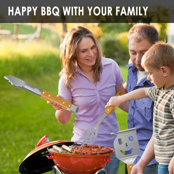 Grill Zubehör für Gasgrill Holzkohlegrill, Grillzange Edelstahl mit Holz Griff, Grillbesteck 43cm Lang, Geschenke für Männer，Papa，Ehemann 5