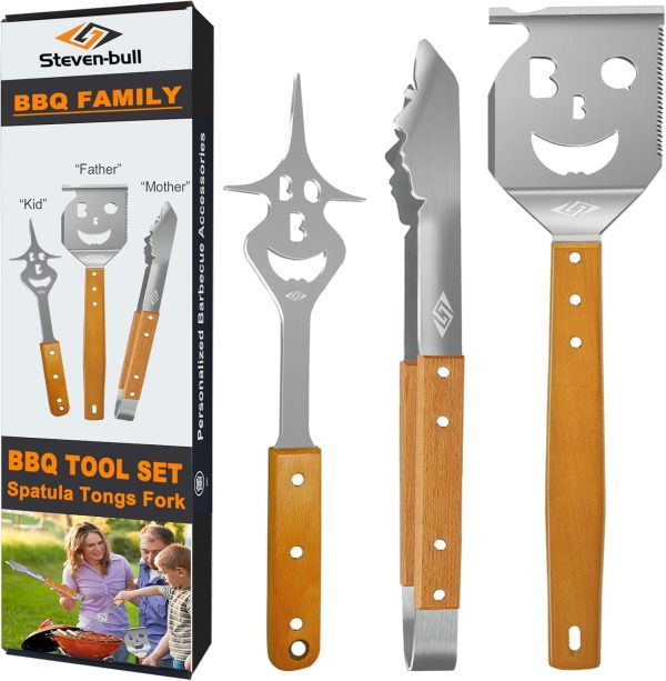 Grill Zubehör für Gasgrill Holzkohlegrill, Grillzange Edelstahl mit Holz Griff, Grillbesteck 43cm Lang, Geschenke für Männer，Papa，Ehemann 6
