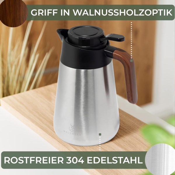 WALDWERK Thermoskanne (1,5L) - Kaffeekanne aus doppelwandigem 304 Edelstahl - Isolierkanne mit tropffreiem Ausguss - Kaffeekanne Thermo 6