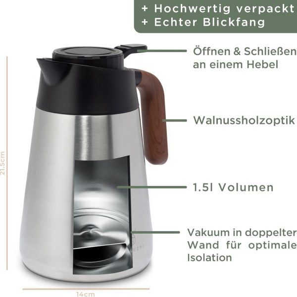 WALDWERK Thermoskanne (1,5L) - Kaffeekanne aus doppelwandigem 304 Edelstahl - Isolierkanne mit tropffreiem Ausguss - Kaffeekanne Thermo 7