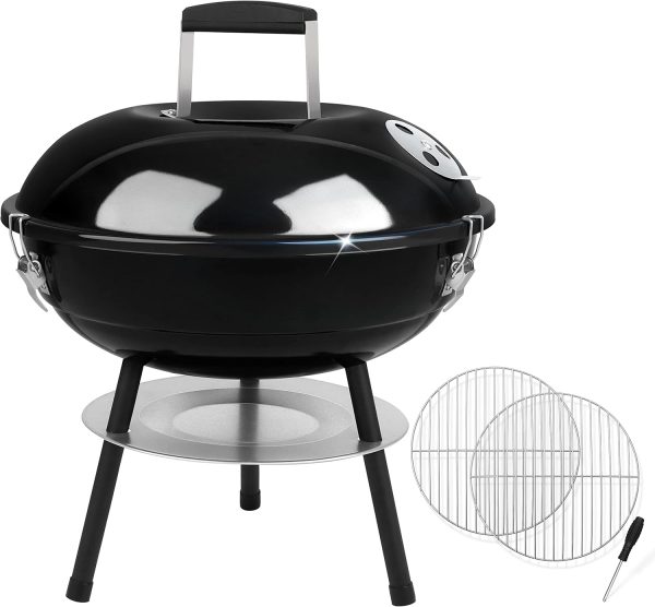 Joyfair Holzkohlegrill mit 2 Grillrosten, 35,6 cm kleiner, tragbarer Grill mit Deckel für Outdoor-Camping/Terrasse/Hinterhofgrill/Tischkochen, emailliert, Dual-Ventilationssystem, Schwarz 1