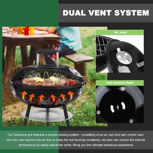 Joyfair Holzkohlegrill mit 2 Grillrosten, 35,6 cm kleiner, tragbarer Grill mit Deckel für Outdoor-Camping/Terrasse/Hinterhofgrill/Tischkochen, emailliert, Dual-Ventilationssystem, Schwarz 10