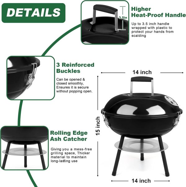 Joyfair Holzkohlegrill mit 2 Grillrosten, 35,6 cm kleiner, tragbarer Grill mit Deckel für Outdoor-Camping/Terrasse/Hinterhofgrill/Tischkochen, emailliert, Dual-Ventilationssystem, Schwarz 4