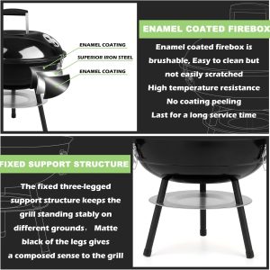 Joyfair Holzkohlegrill mit 2 Grillrosten, 35,6 cm kleiner, tragbarer Grill mit Deckel für Outdoor-Camping/Terrasse/Hinterhofgrill/Tischkochen, emailliert, Dual-Ventilationssystem, Schwarz 14