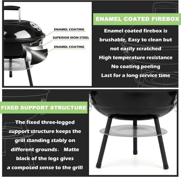 Joyfair Holzkohlegrill mit 2 Grillrosten, 35,6 cm kleiner, tragbarer Grill mit Deckel für Outdoor-Camping/Terrasse/Hinterhofgrill/Tischkochen, emailliert, Dual-Ventilationssystem, Schwarz 5