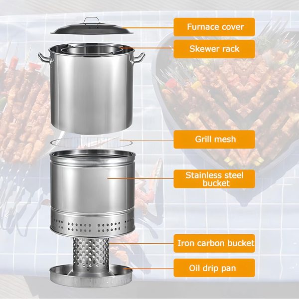 RIIGOOG Tragbarer Holzkohlegrill, große Kapazität, Edelstahl, geschmorter Grill, 360 °, Rundum-Grill-Werkzeuge für Terrasse, Hinterhof, Outdoor, Camping, Picknick, mit 50 Spießen 7