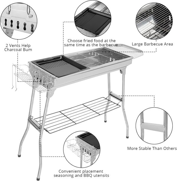 LEADZM Holzkohlegrill, Edelstahl Camping Klappgrill,70x31x71cm Außen, Terrasse, Camping, Grillparty, 5-10 Personen Verwendung (100x31x71cm) 2