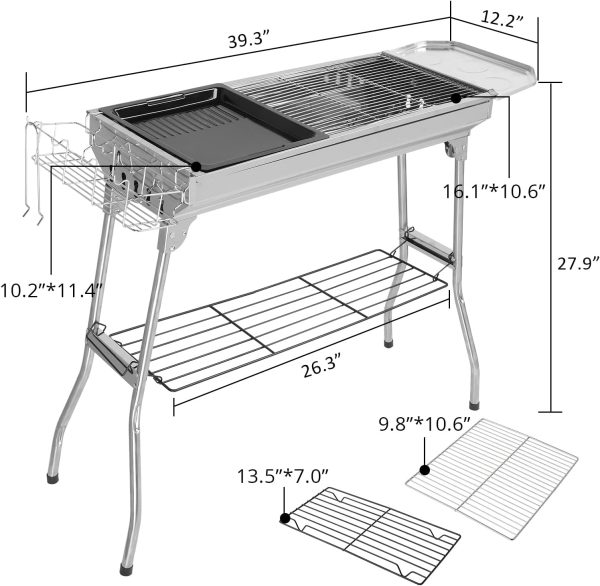 LEADZM Holzkohlegrill, Edelstahl Camping Klappgrill,70x31x71cm Außen, Terrasse, Camping, Grillparty, 5-10 Personen Verwendung (100x31x71cm) 3