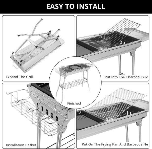 LEADZM Holzkohlegrill, Edelstahl Camping Klappgrill,70x31x71cm Außen, Terrasse, Camping, Grillparty, 5-10 Personen Verwendung (100x31x71cm) 4